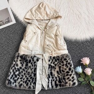 Vera Stella Hooded Vest Cream Leopard Faux Fur Embroidered 18m Fall Winter Comfy